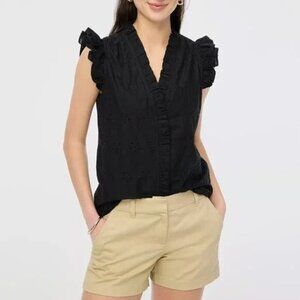 J.Crew Factory Cotton Eyelet Ruffled Caps Sleeved Blouse Black Size Small NWT